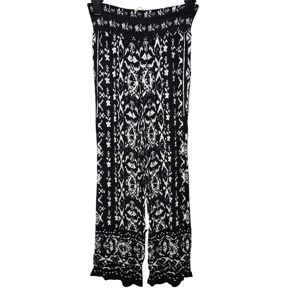 Soft Surroundings Black White Ikat Wide Leg Smocked Pants Petite XS PXS